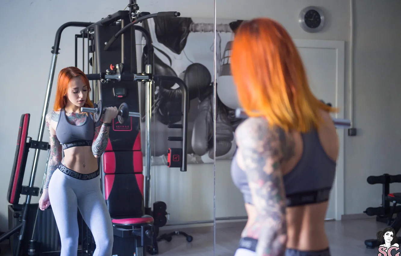 Фото обои model, tattoo, women, redhead, reflection, mirror, fitness model, suicide girls
