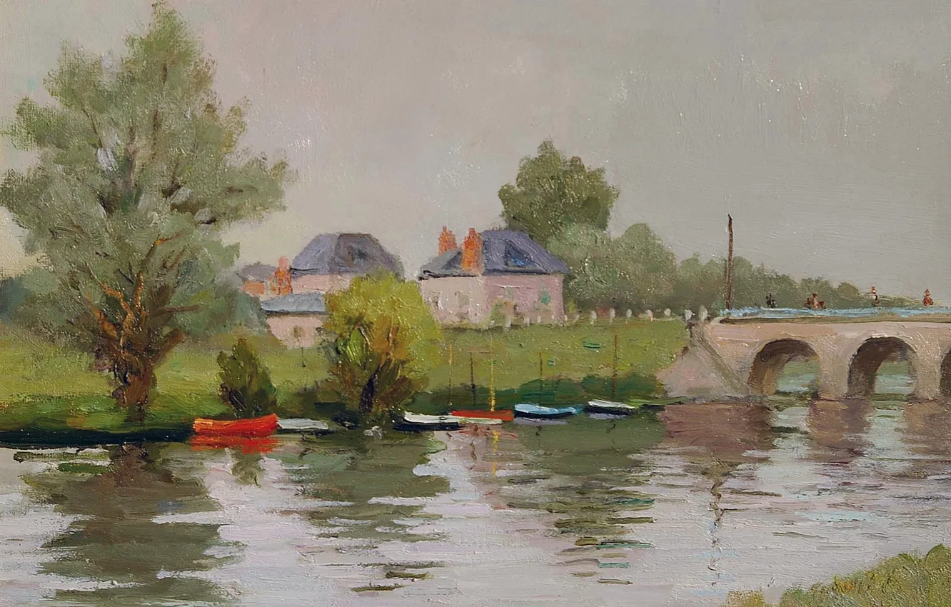 Фото обои деревья, пейзаж, мост, дом, река, картина, Marcel Dyf, Bank of the River near Nantes