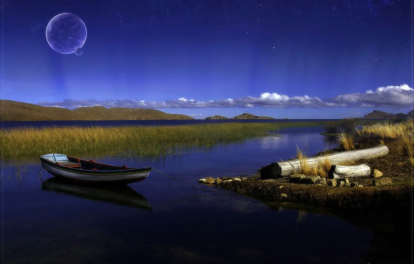 Фото обои озеро, луна, лодка