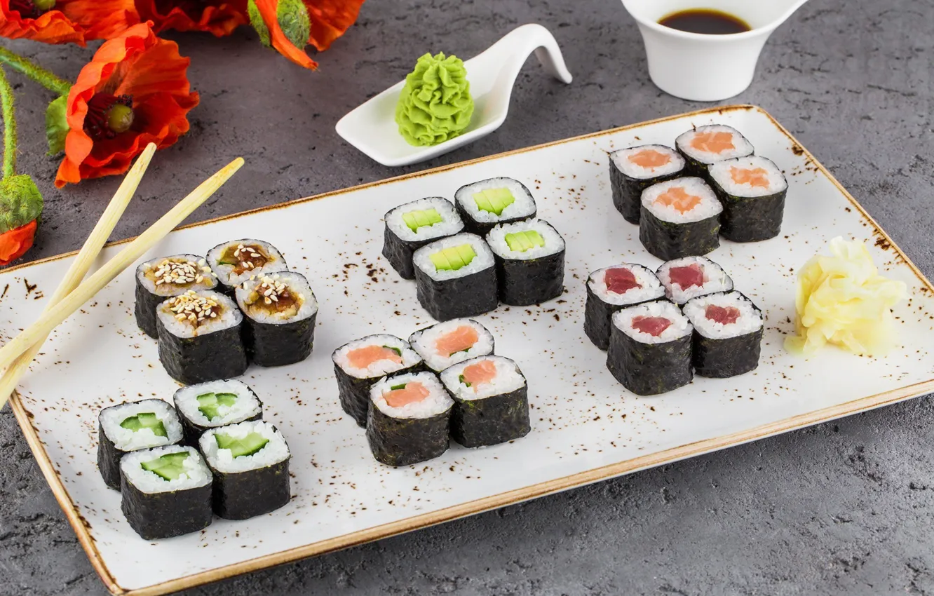 Фото обои рыба, роллы, морепродукты