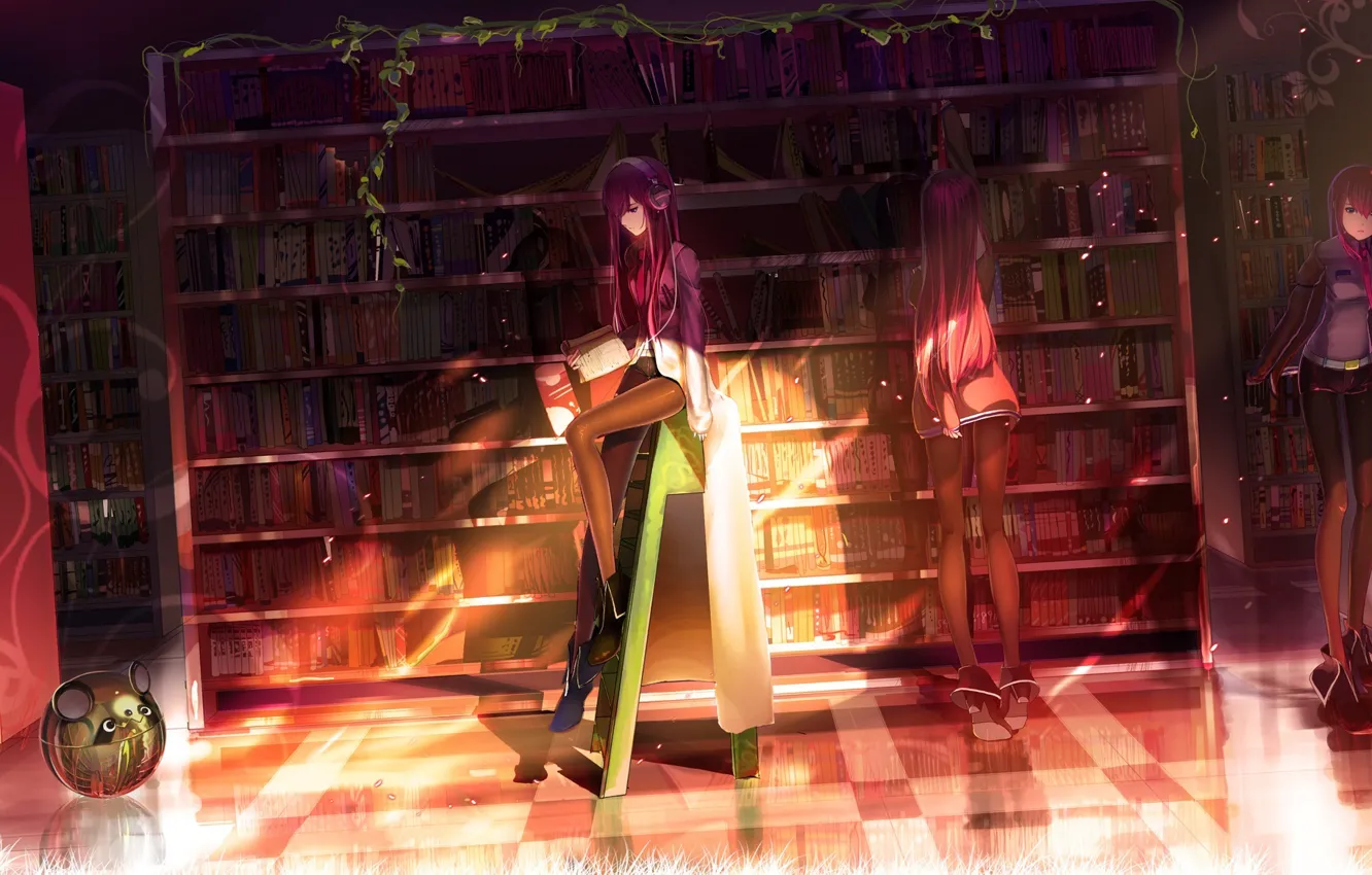Фото обои девушка, свет, книги, робот, наушники, библиотека, steins gate, makise kurisu
