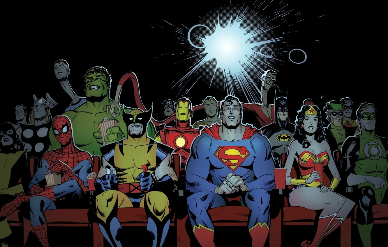 Фото обои batman, superman, Wolverine, wonder woman, spider man, iron man, green arrow