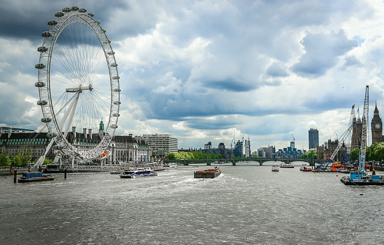 Фото обои река, Англия, Лондон, Великобритания, river, London, England, Лондонский глаз