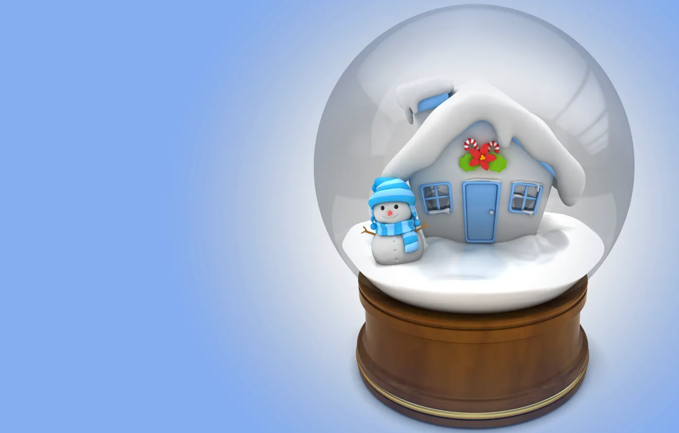 Фото обои зима, подарок, домик, снеговик, детская, снежный шар, 3D, арт. Новый год