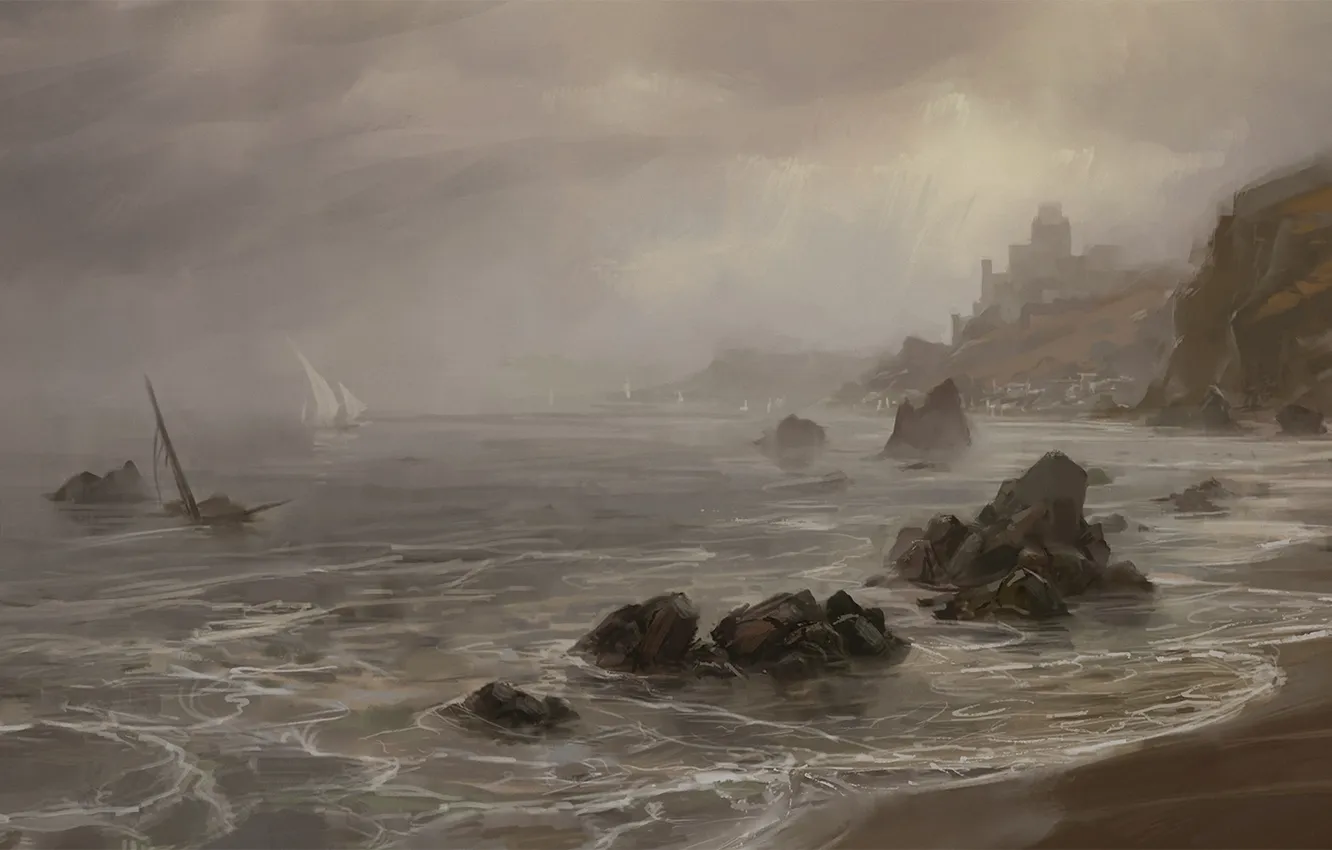 Фото обои море, камни, замок, берег, корабль, арт