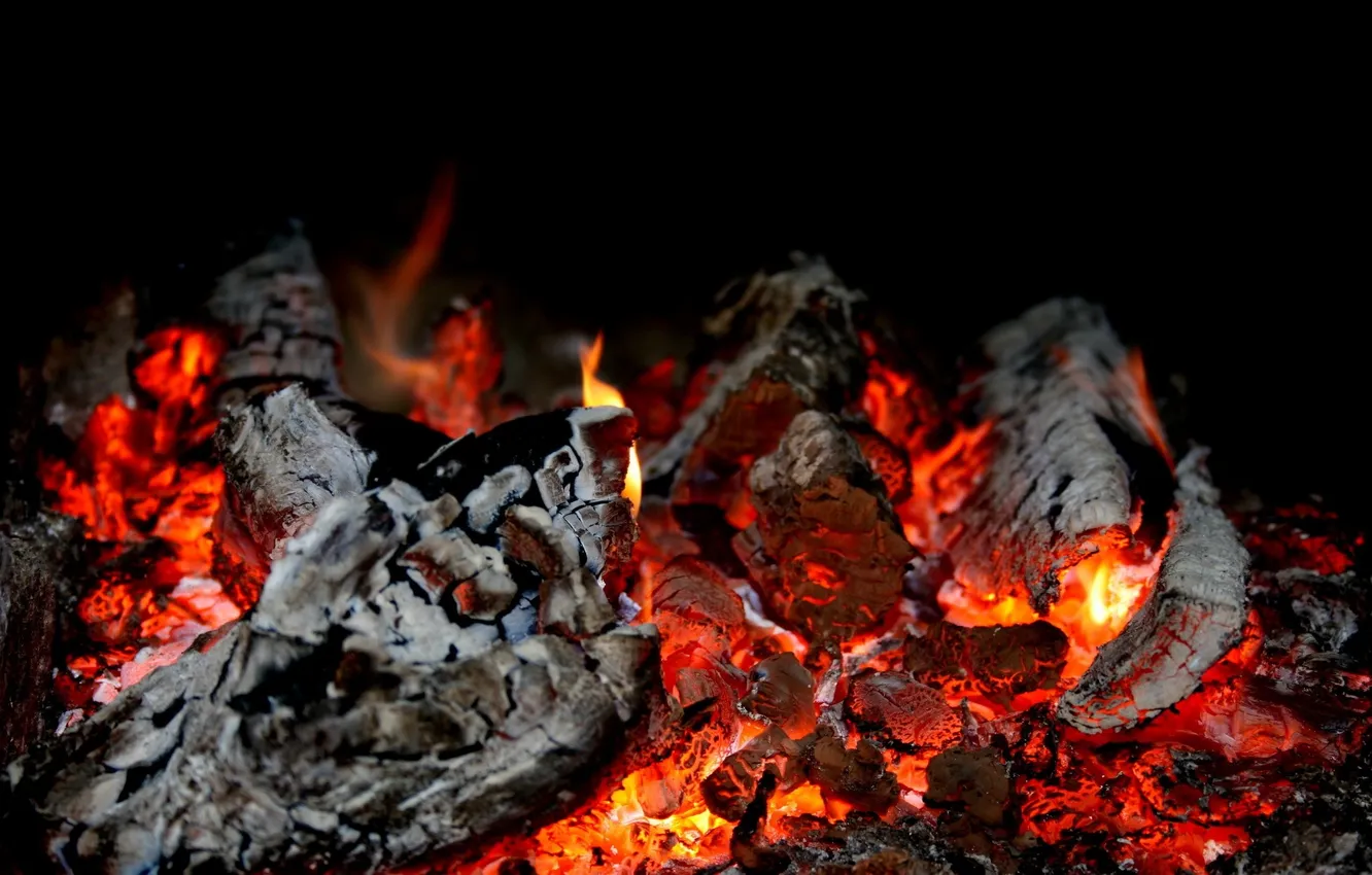 Фото обои пепел, огонь, костер, дрова, тлеет