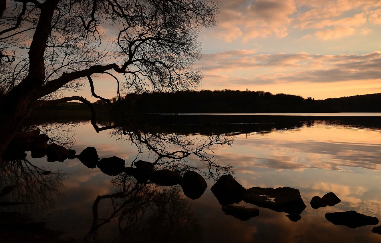 Фото обои закат, озеро, отражение