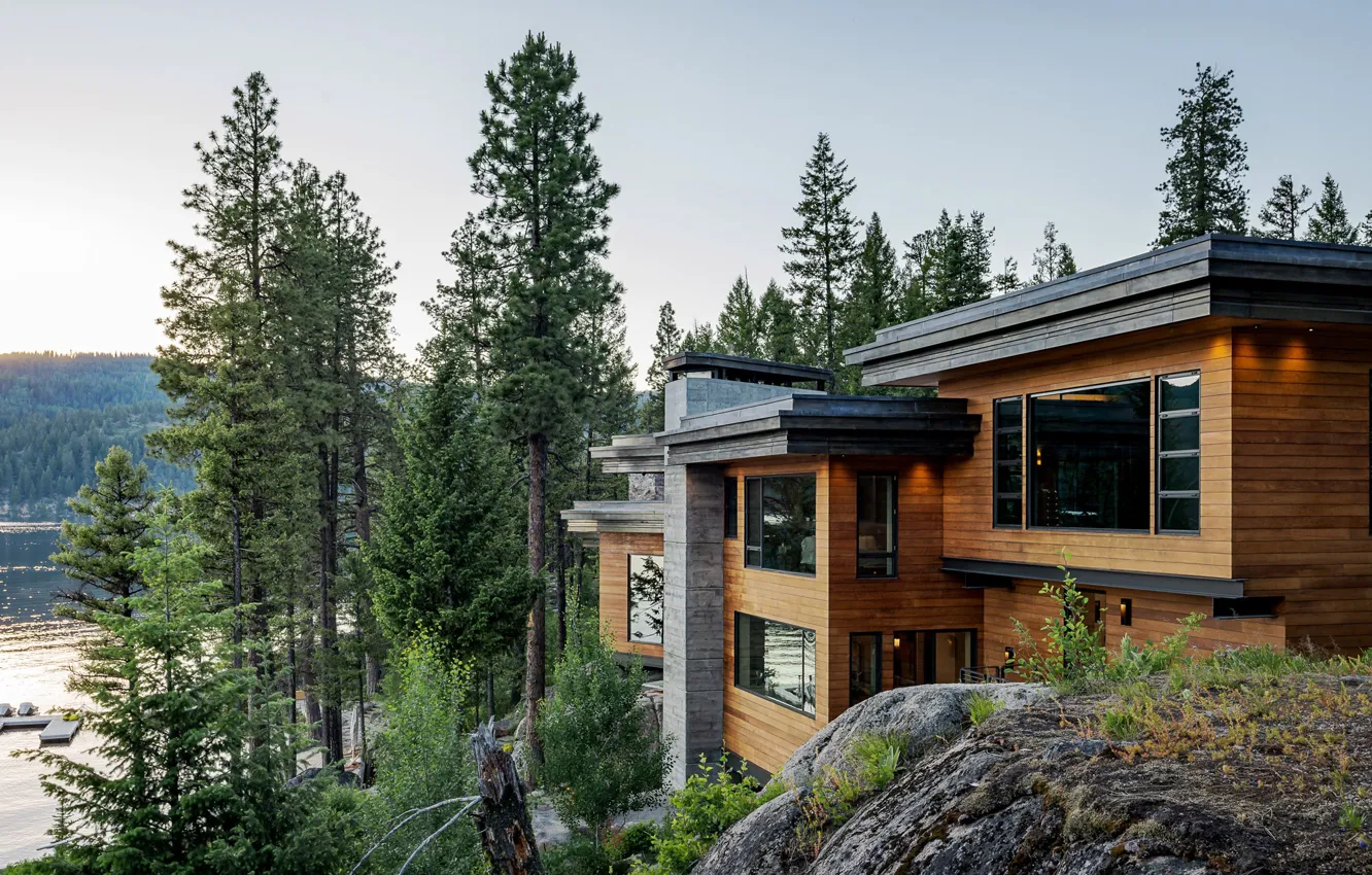 Фото обои лес, горы, вилла, USA, Idaho, Cliff House, оЗеро