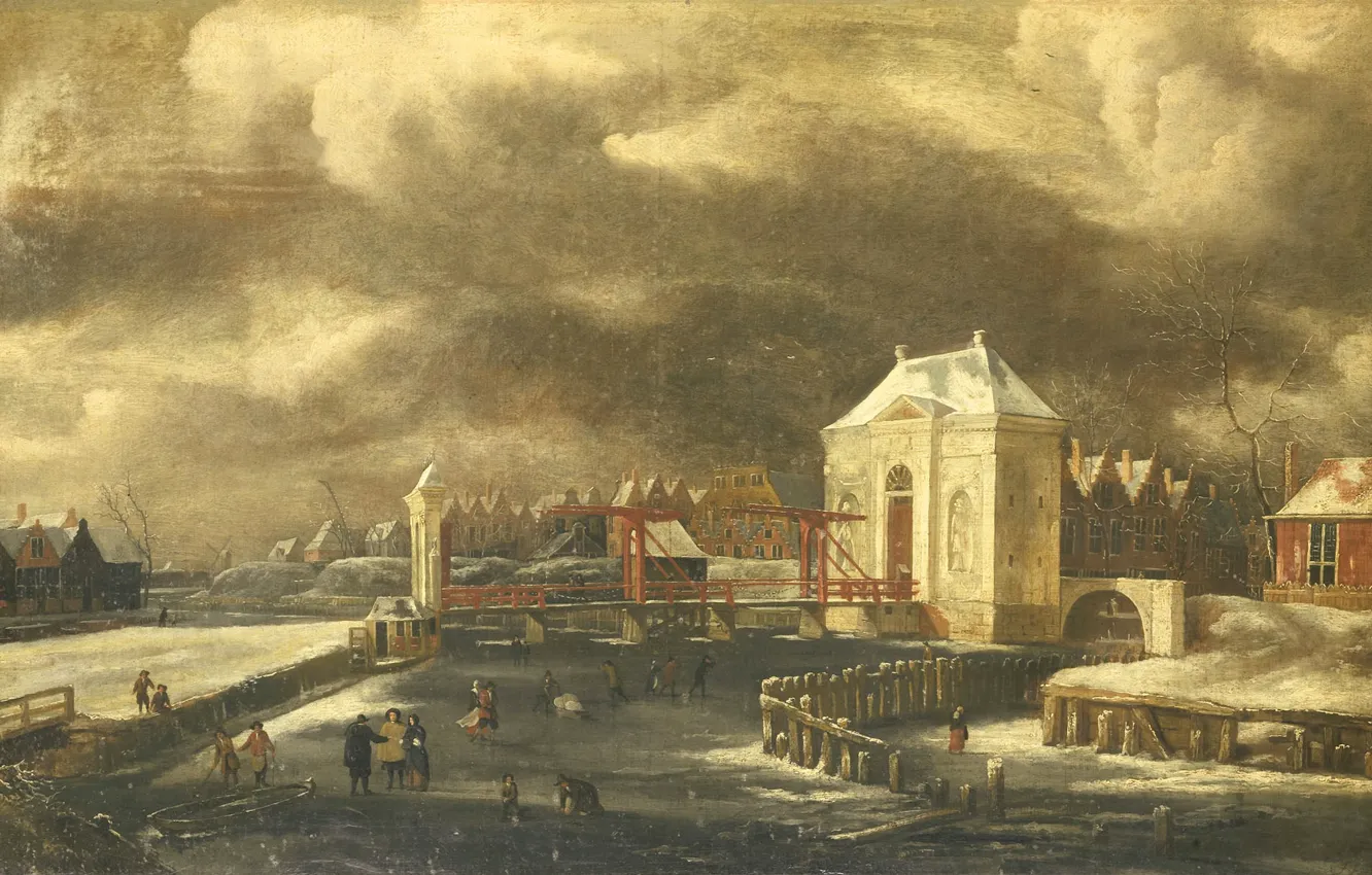 Фото обои масло, картина, холст, Ян ван Кессель младший, Ворота Святого Пути в Амстердаме Зимой