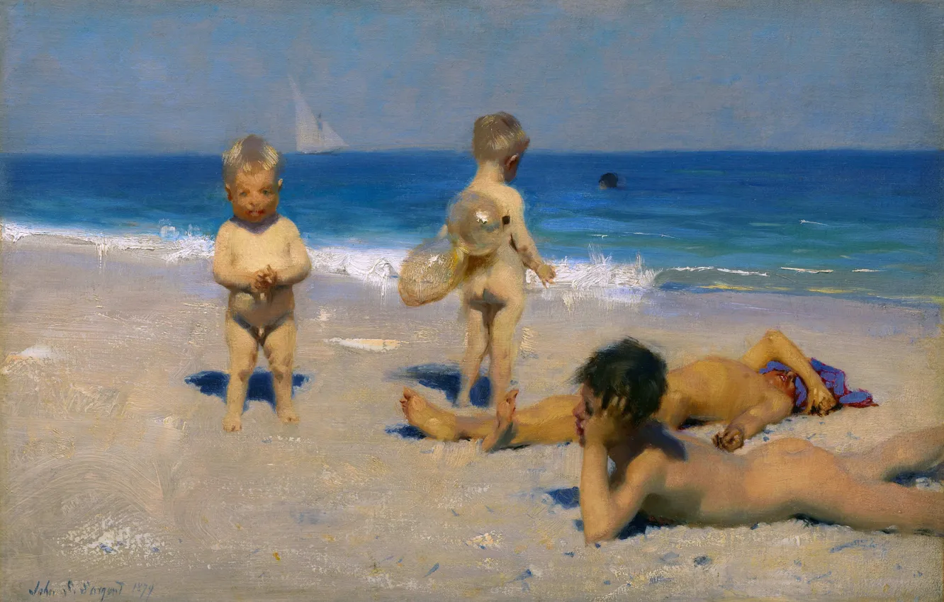 Фото обои Море, Пляж, Дети, Картина, Обнаженные, Джон Сингер Сарджент, John Singer Sargent, Купание неаполитанских детей