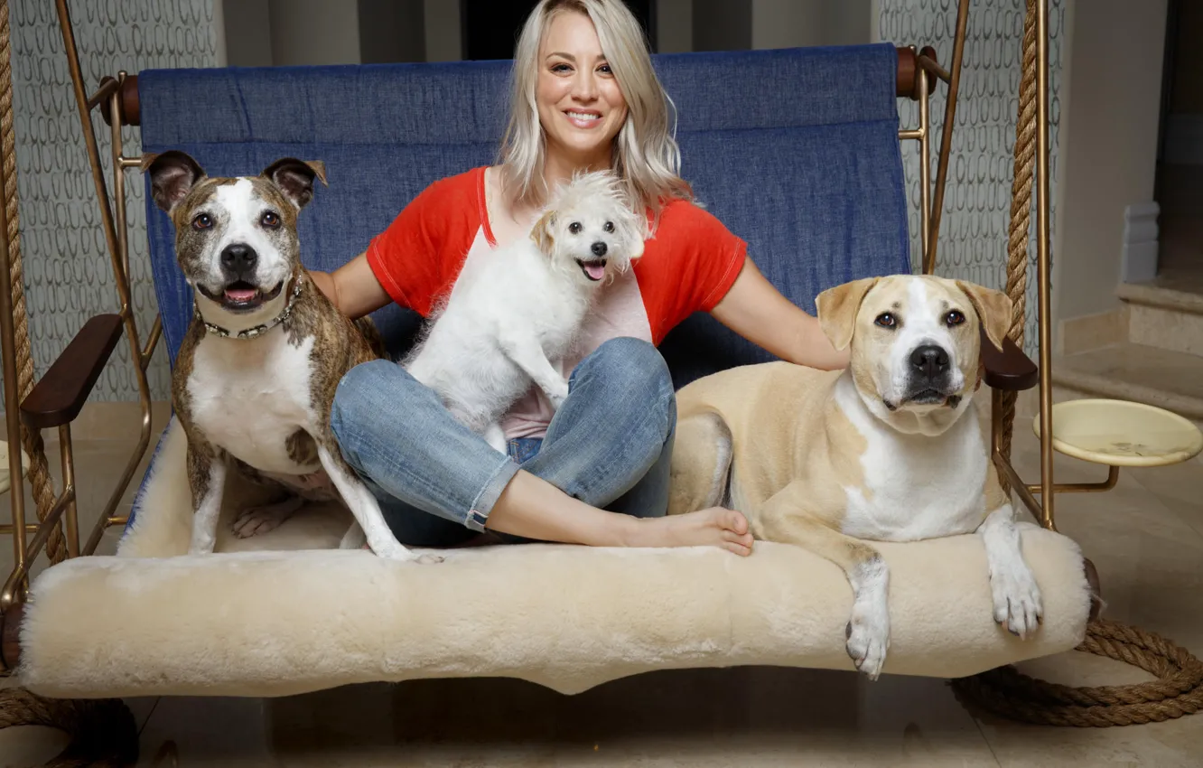 Фото обои собаки, актриса, блондинка, Kaley Cuoco