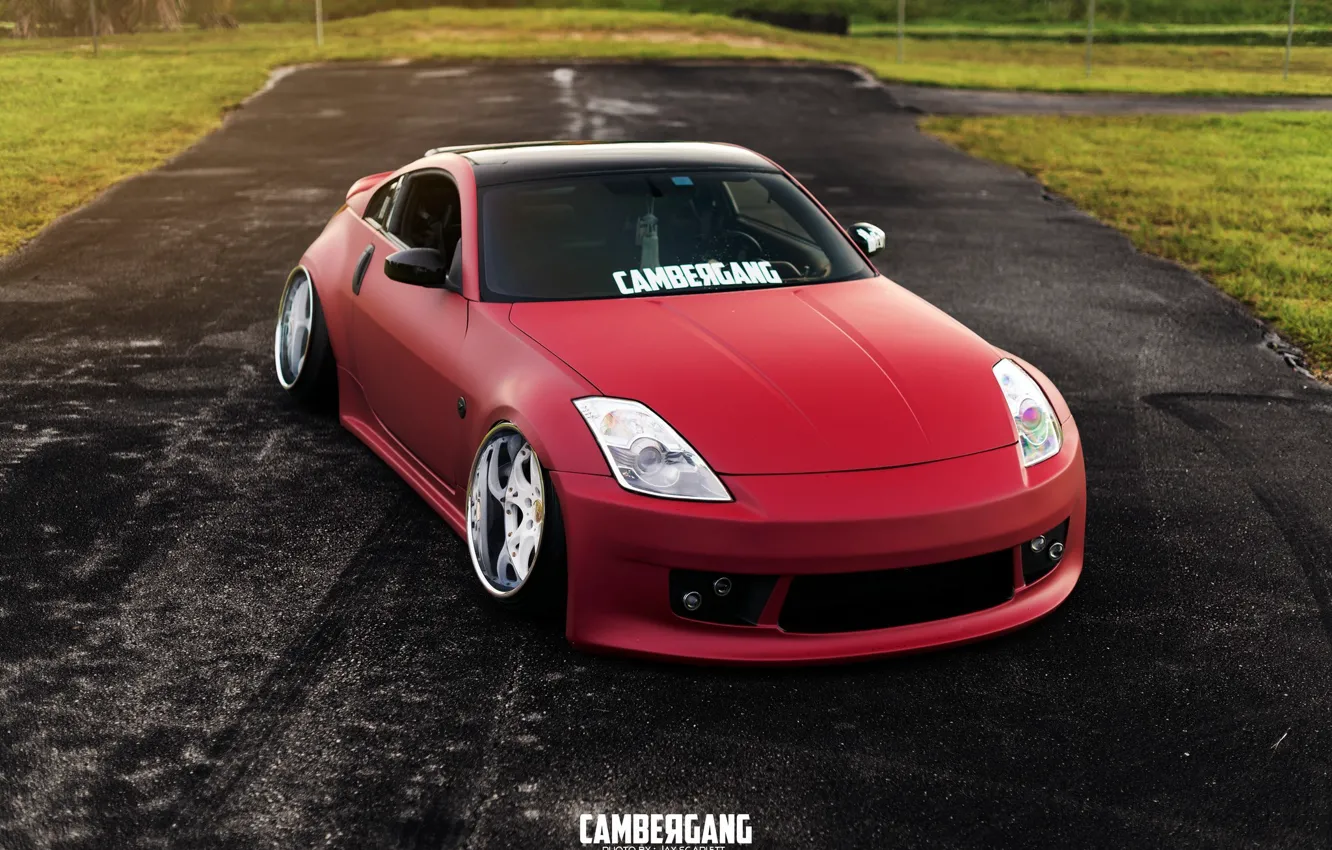 Фото обои nissan, red, 350z, japan, jdm, tuning, low, stance