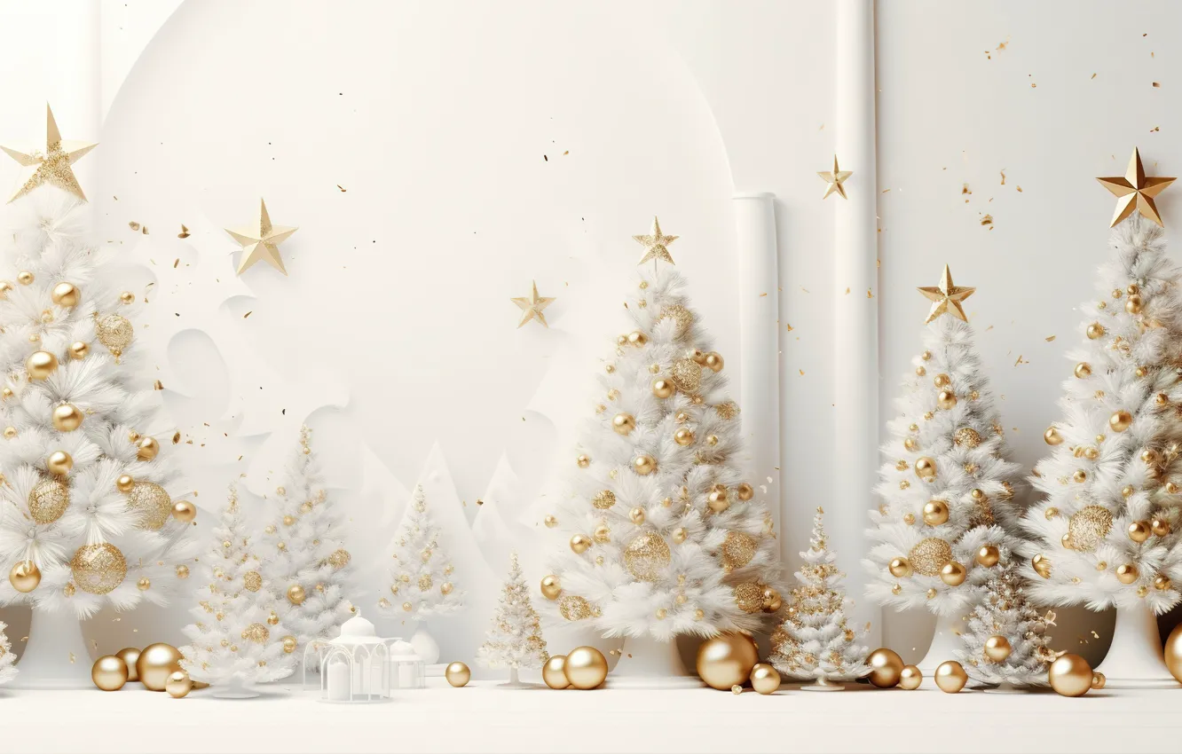 Фото обои шары, елка, Новый Год, Рождество, подарки, golden, white, new year