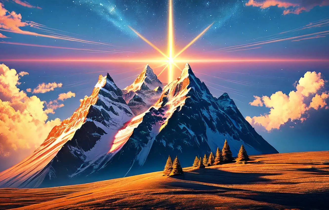 Фото обои дерево, долина, простор, digital art, солнечный блик, цифровое искусство, снега, живописный пейзаж