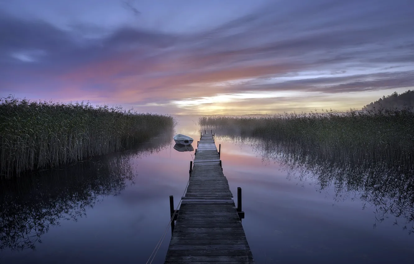 Фото обои закат, мост, природа, озеро, лодка, камыш