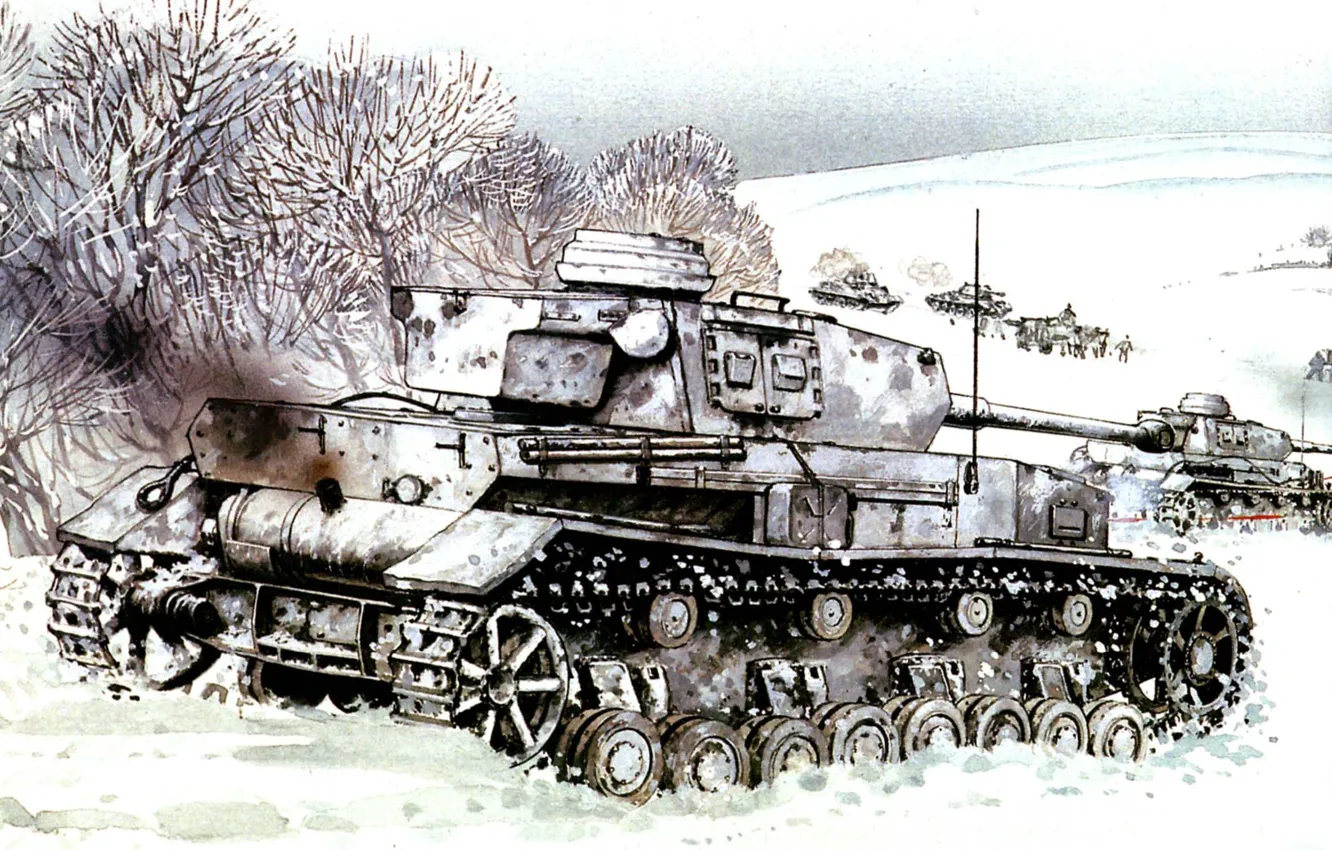 Фото обои зима, поле, снег, рисунок, танки, Pz.Kpfw. IV, немецкие, Великая отечественная война