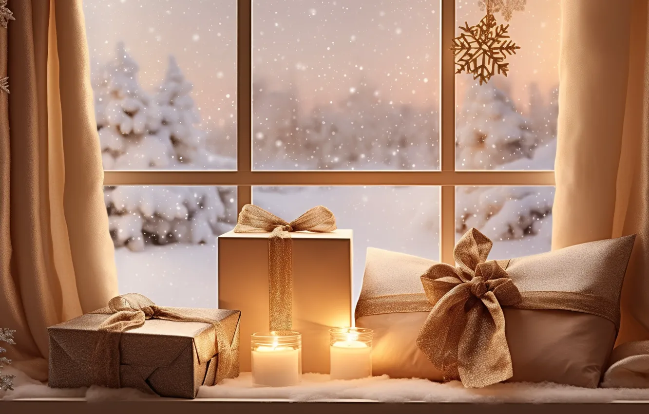Фото обои зима, снег, украшения, Новый Год, окно, Рождество, подарки, new year