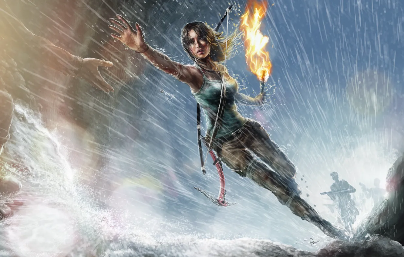 Фото обои девушка, дождь, рука, арт, бег, факел, Lara Croft, Tomb raider