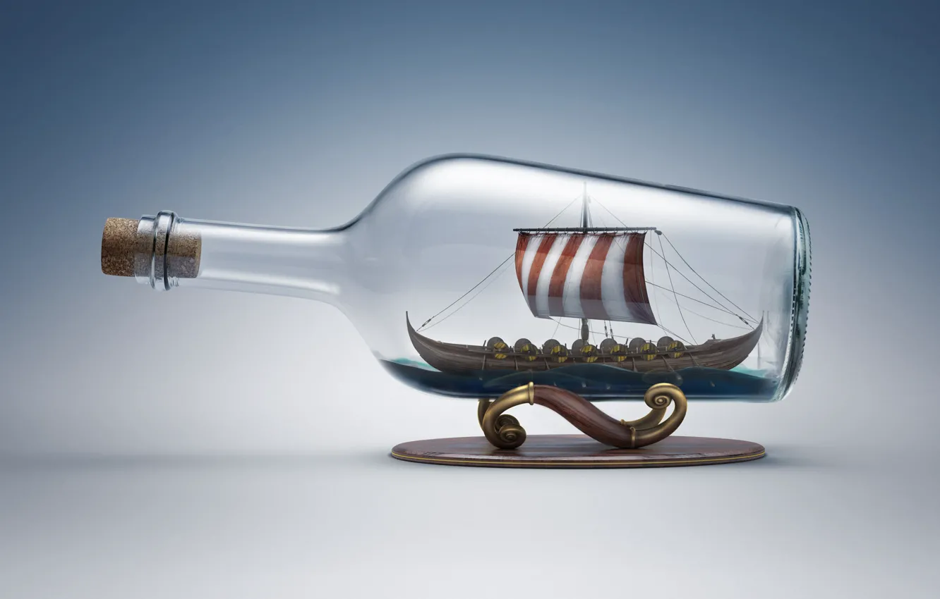 Фото обои стекло, корабль, бутылка, парусник, пробка, подставка, викингов