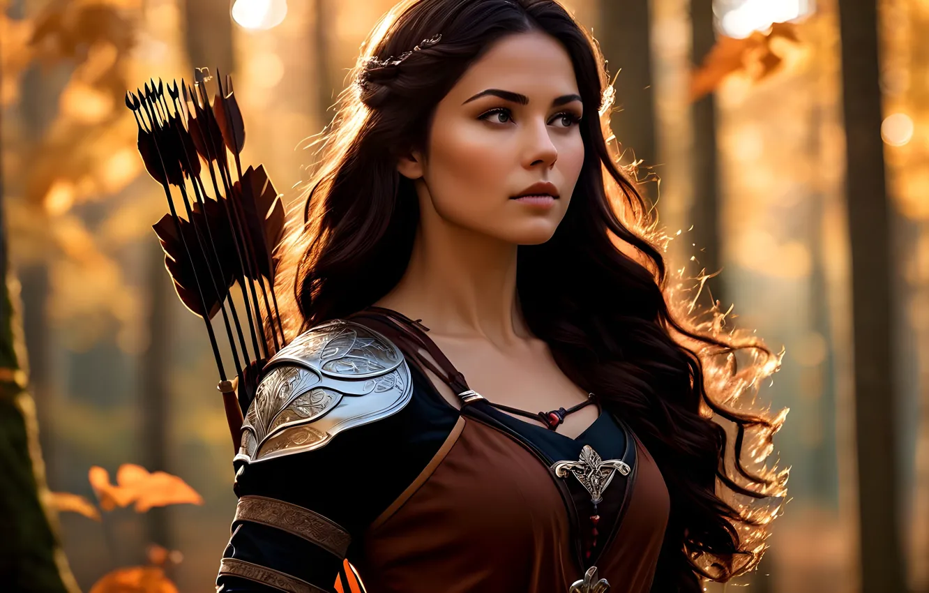 Фото обои осень, лес, взгляд, девушка, свет, украшения, деревья, листва