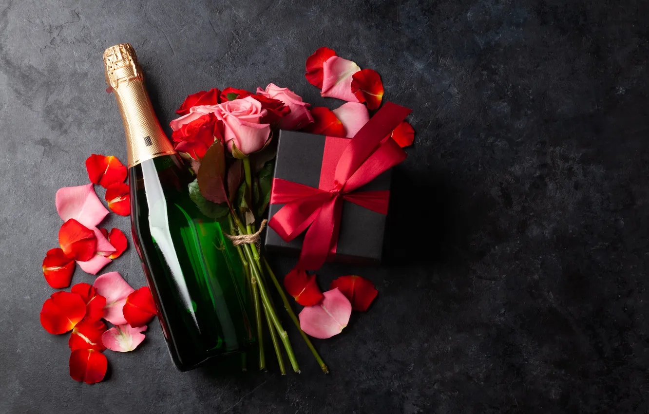Фото обои любовь, цветы, подарок, романтика, розы, love, шампанское, happy