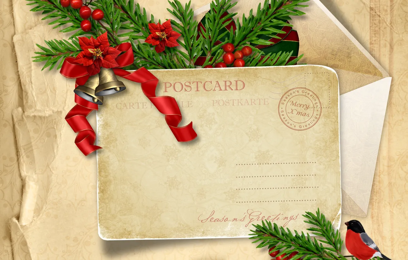 Фото обои ягоды, праздник, елка, Рождество, открытка, Merry Christmas, postcard, greeting