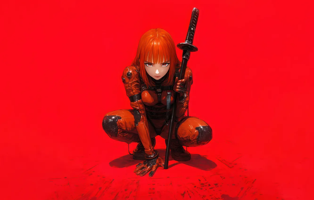Фото обои Red, Katana, Red Hair, Sci-Fi, Anime Girl