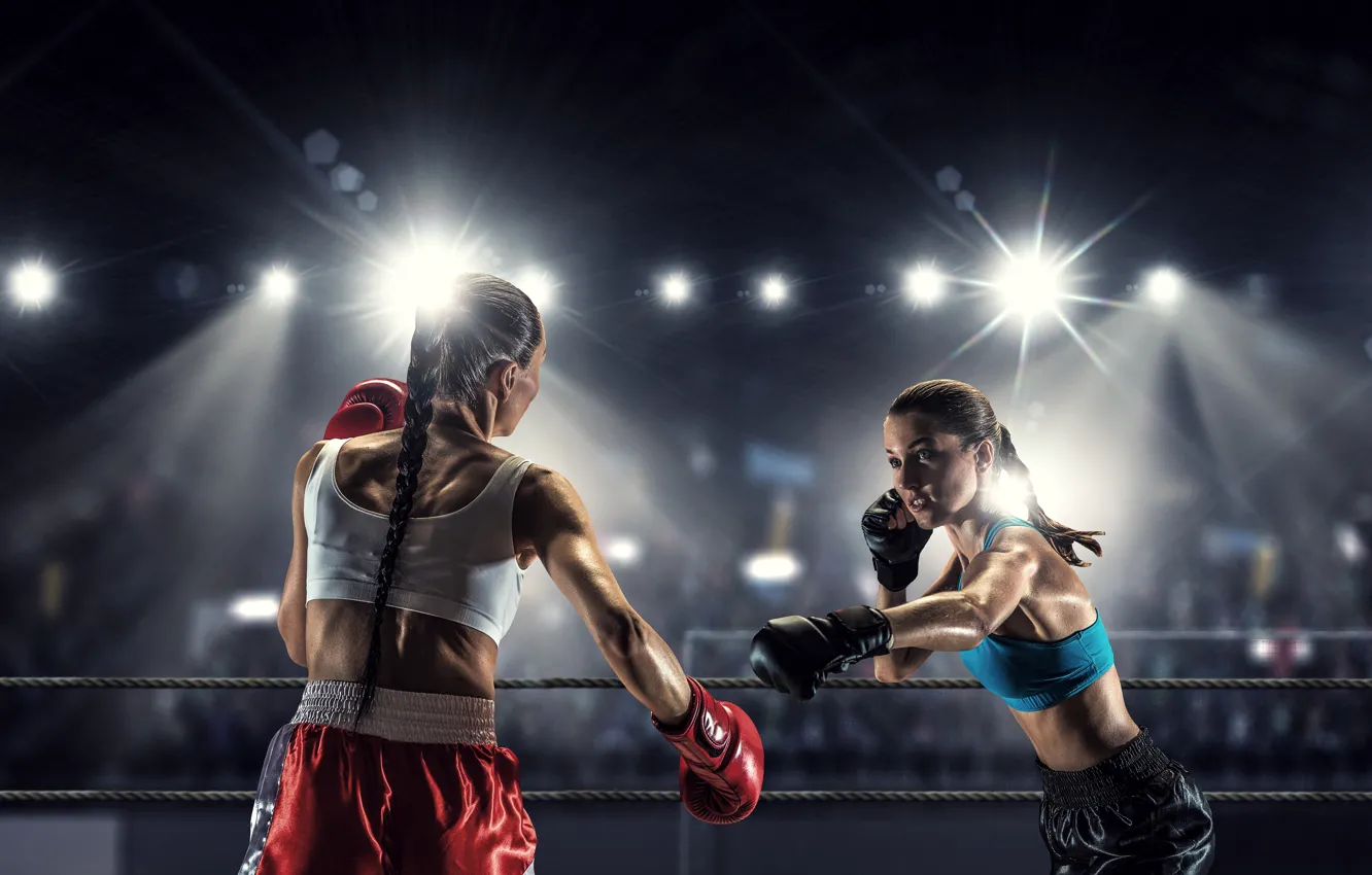 Фото обои свет, девушки, две, бокс, перчатки, косички, трусы, ринг
