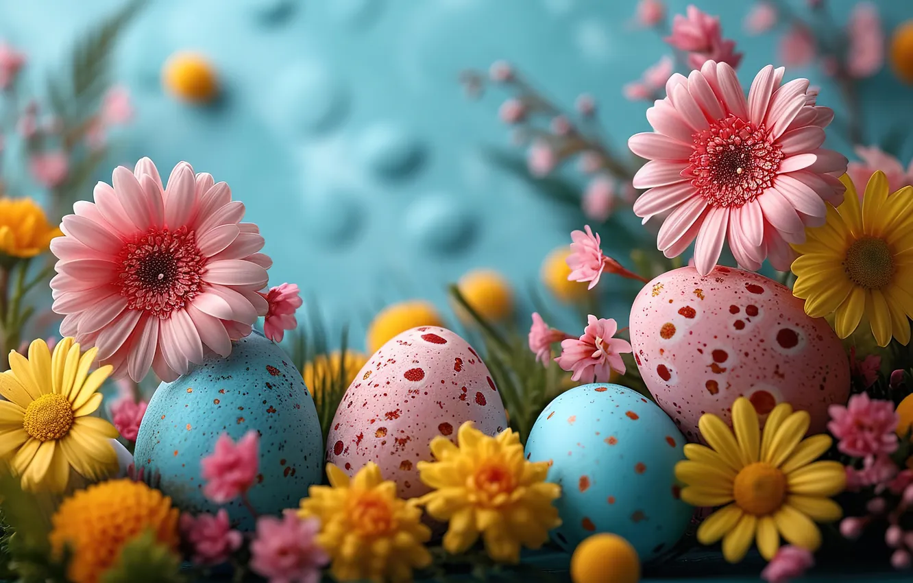 Фото обои цветы, яйца, весна, colorful, Пасха, happy, pink, flowers