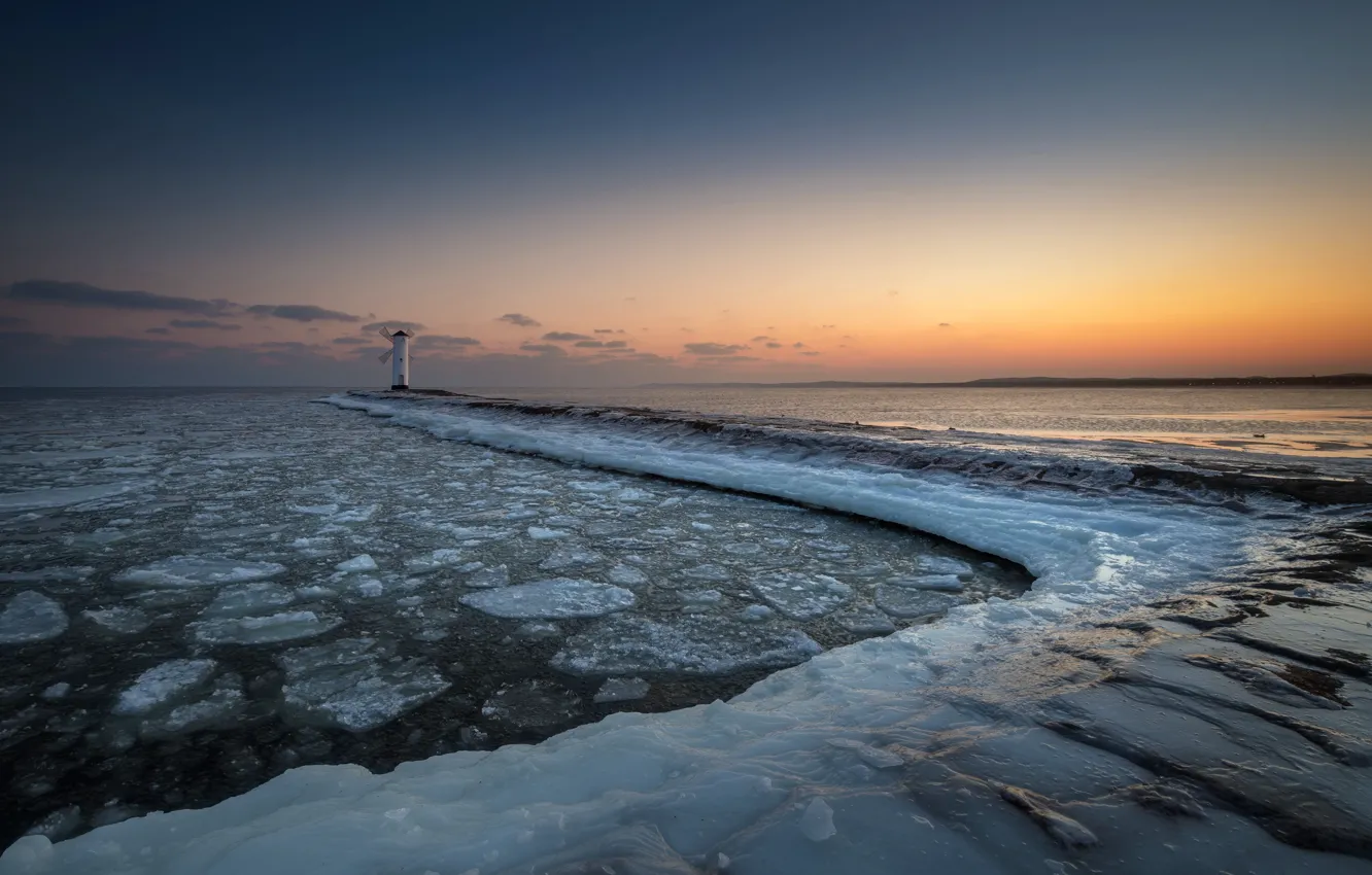 Фото обои зима, море, закат, берег, маяк, лёд