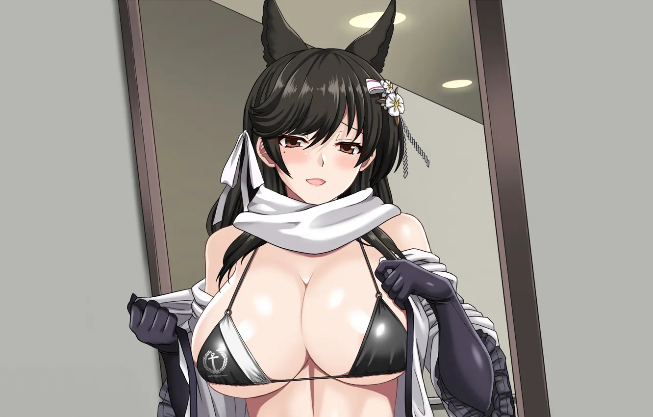 Фото обои girl, sexy, cleavage, long hair, brown eyes, boobs, animal ears, anime