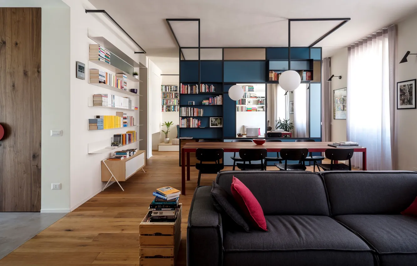 Фото обои дизайн, стиль, интерьер, Италия, библиотека, гостиная, столовая, Apartment in Turin