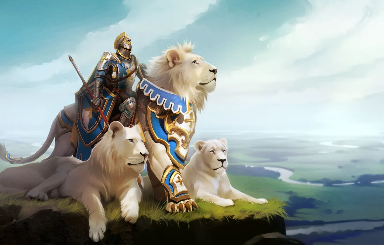 Фото обои лев, фэнтези, арт, рыцарь, Александра Хитрова, GaudiBuendia