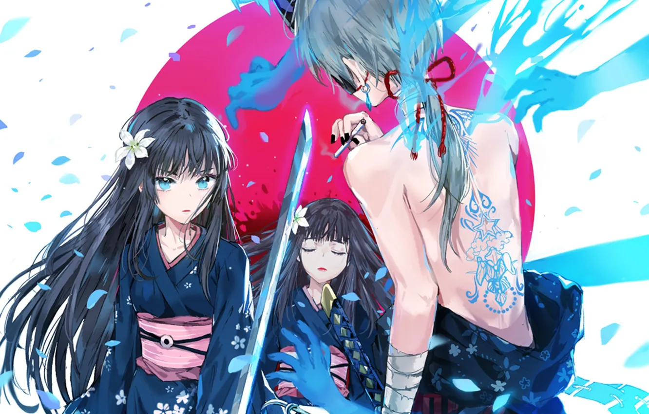 Фото обои girl, seal, katana, ken, tatoo, blade, asian, japanese