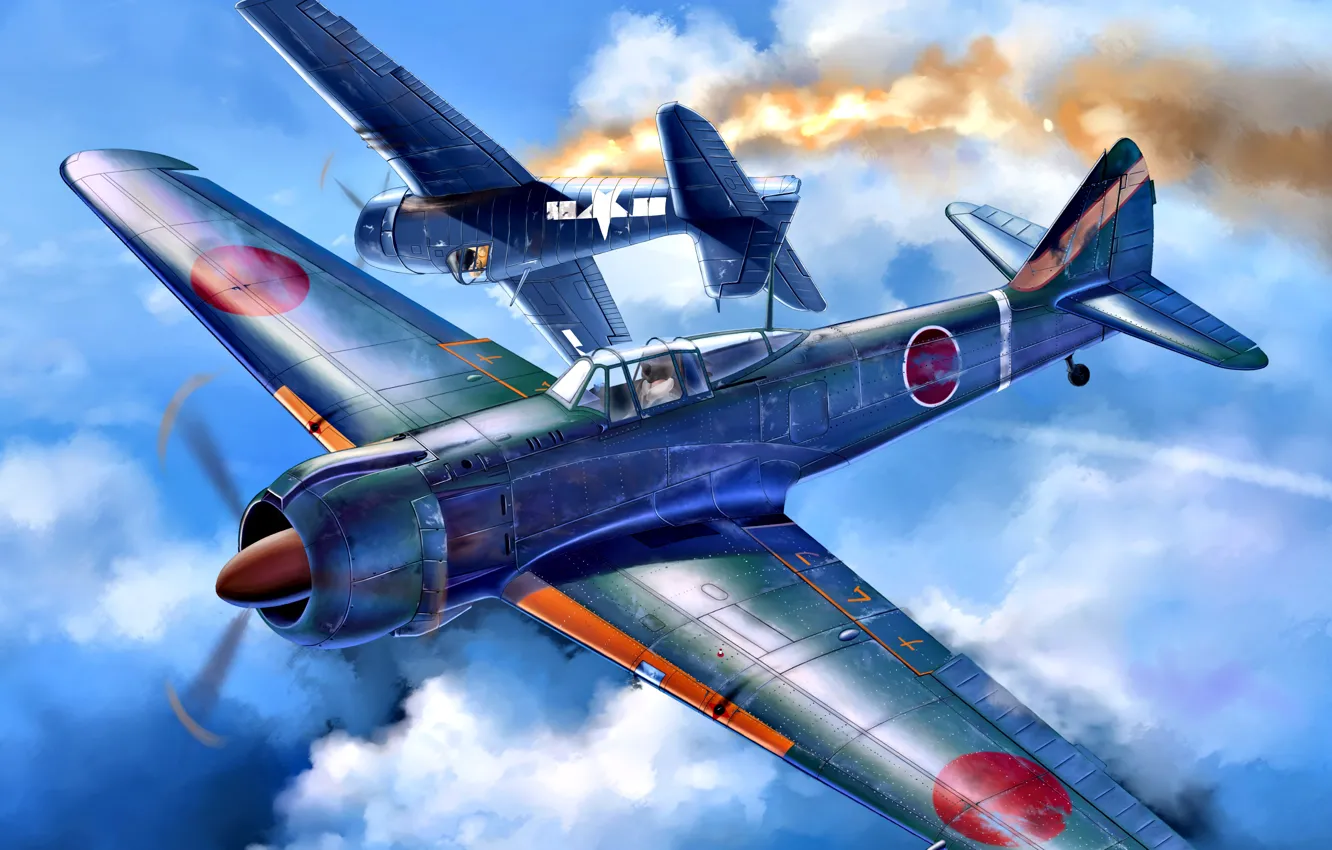 Фото обои Kawasaki, палубный истребитель, Ki-100, WWII, Императорская армия Японии, F6F-5, F6F Hellcat, Радиальный двигатель