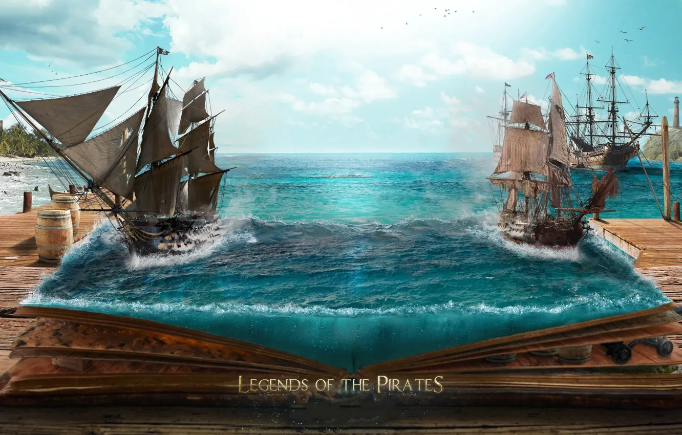 Фото обои море, небо, корабли, книга, пираты, парусники, фото арт
