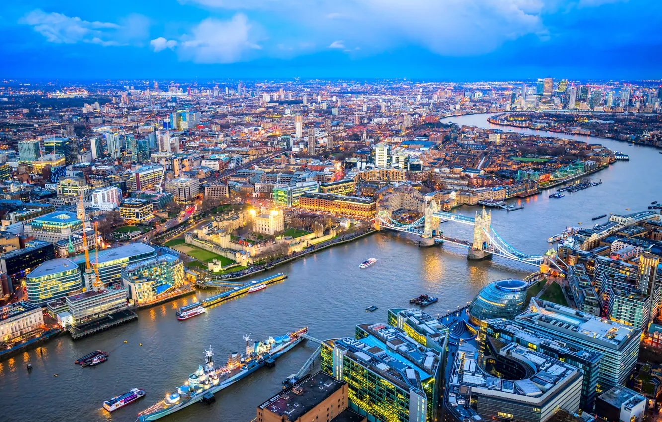 Фото обои небо, мост, река, корабль, Англия, Лондон, дома, горизонт