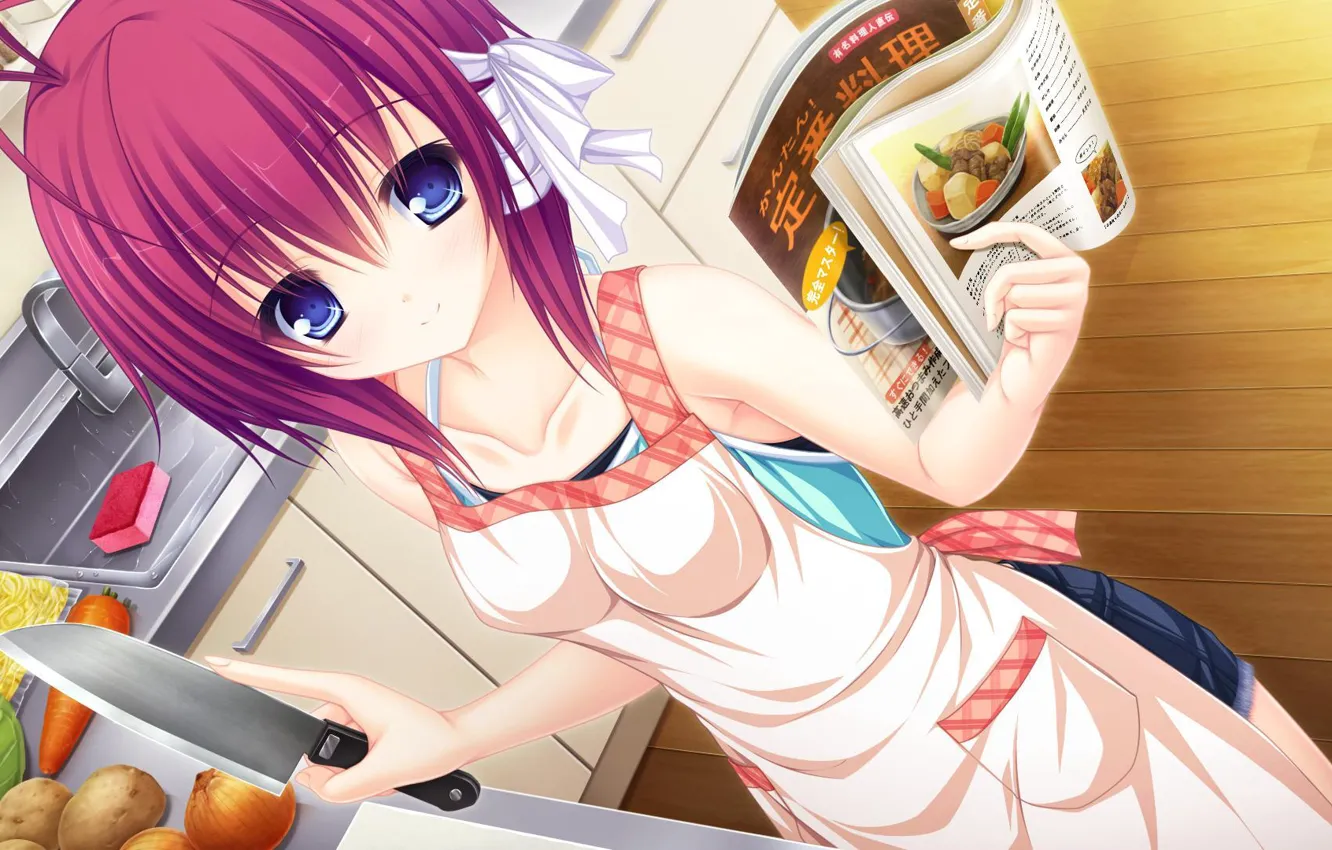 Фото обои аниме, арт, кухня, нож, девочка, книга, журнал
