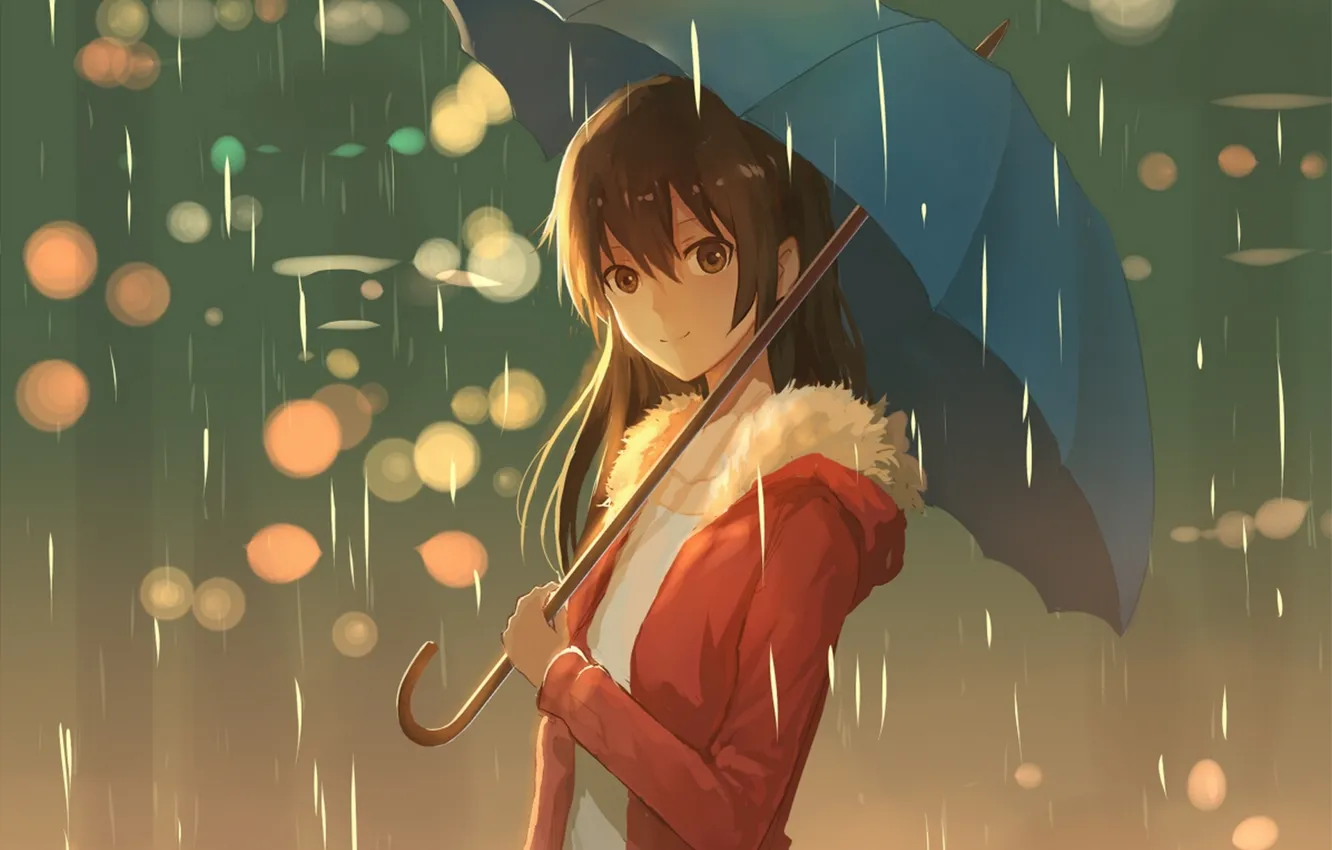 Фото обои аниме, lan jue, девушка, арт, улыбка, зонт, дождь