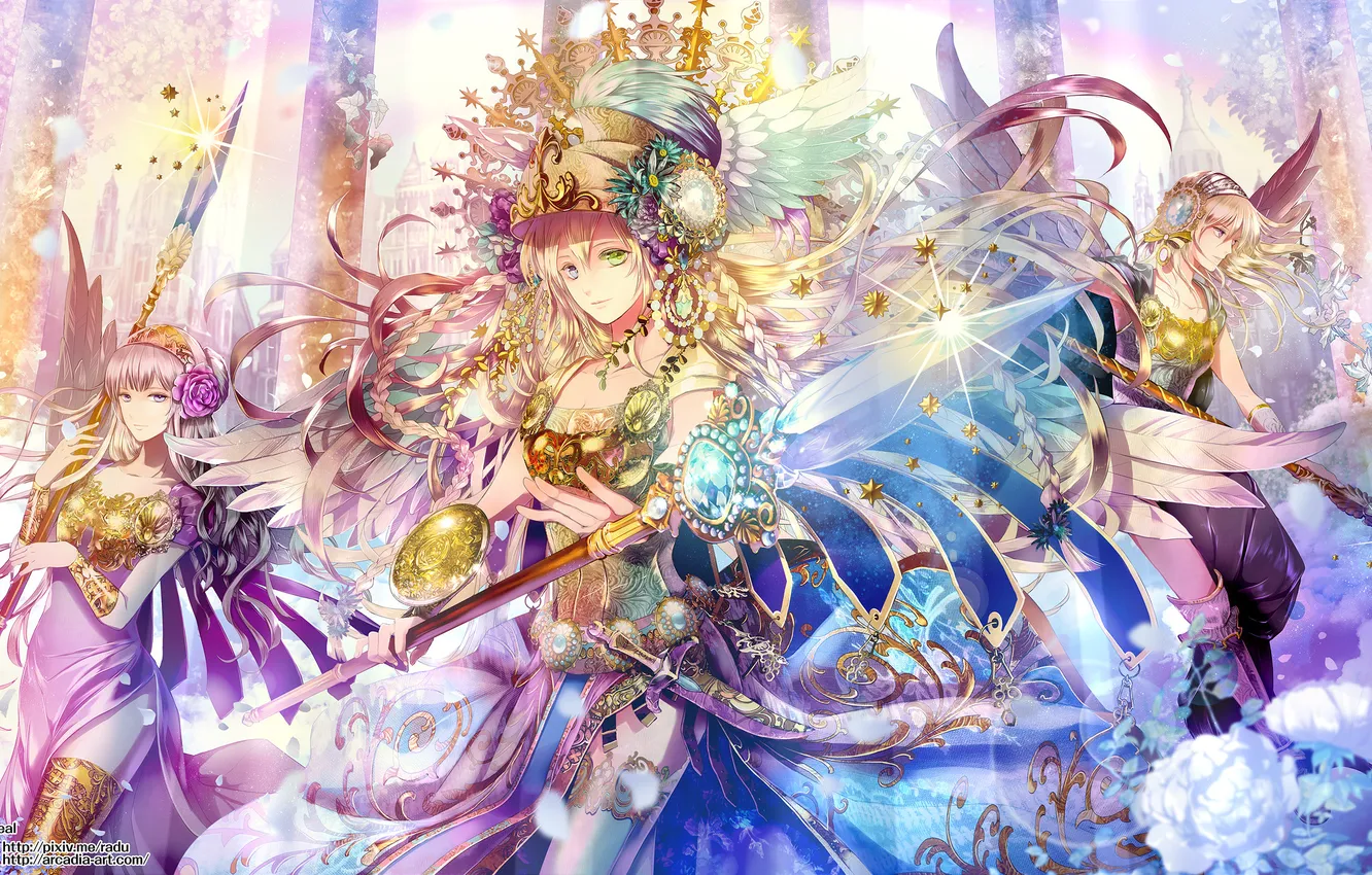 Фото обои девушка, цветы, оружие, розы, крылья, аниме, арт, косички