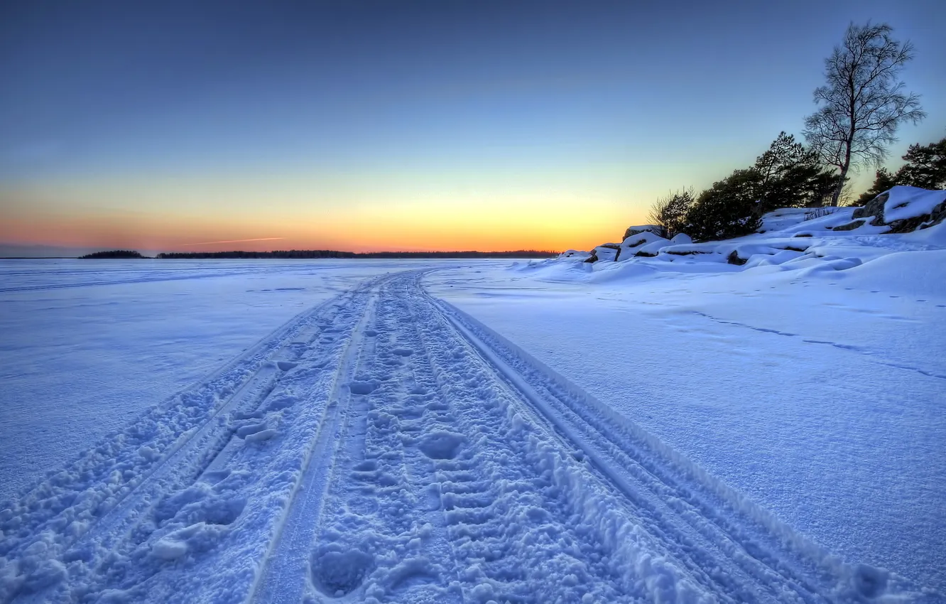 Фото обои зима, поле, снег, закат