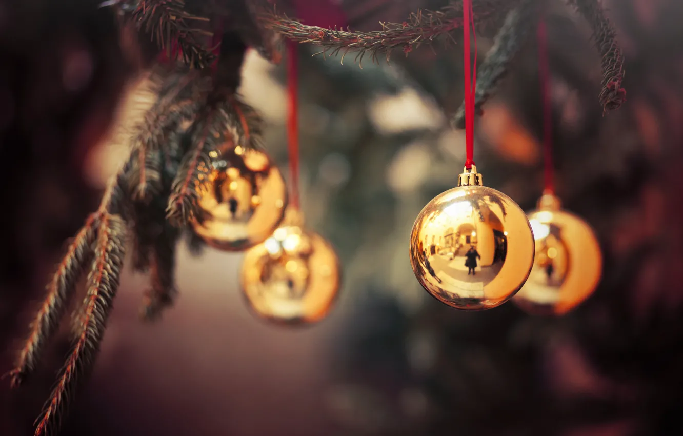 Фото обои ветки, шары, елка, Новый Год, украшение