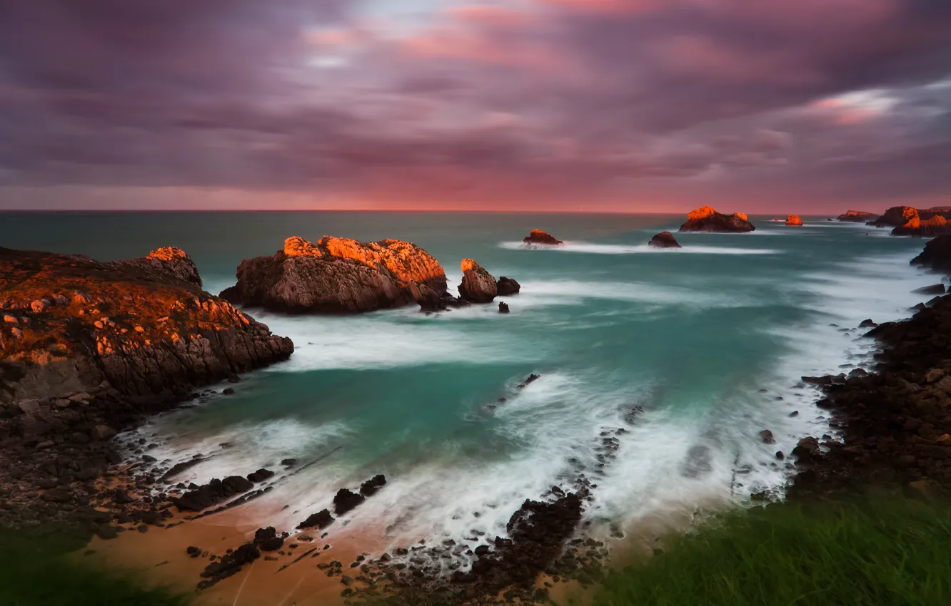 Фото обои море, свет, закат, камни, океан, скалы, побережье, испания