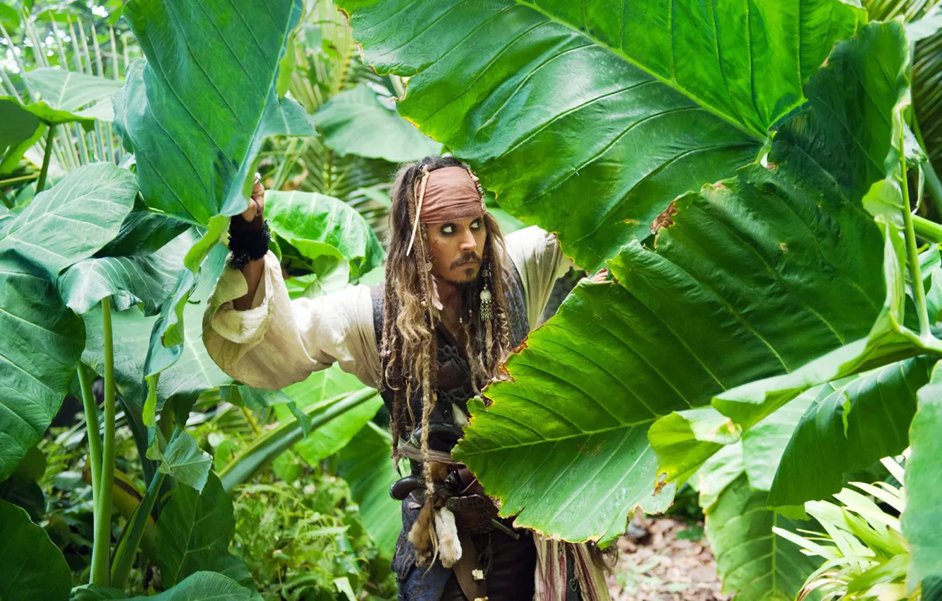 Фото обои листья, джунгли, johnny depp, джек воробей, пираты карибского моря 4, джонни депп