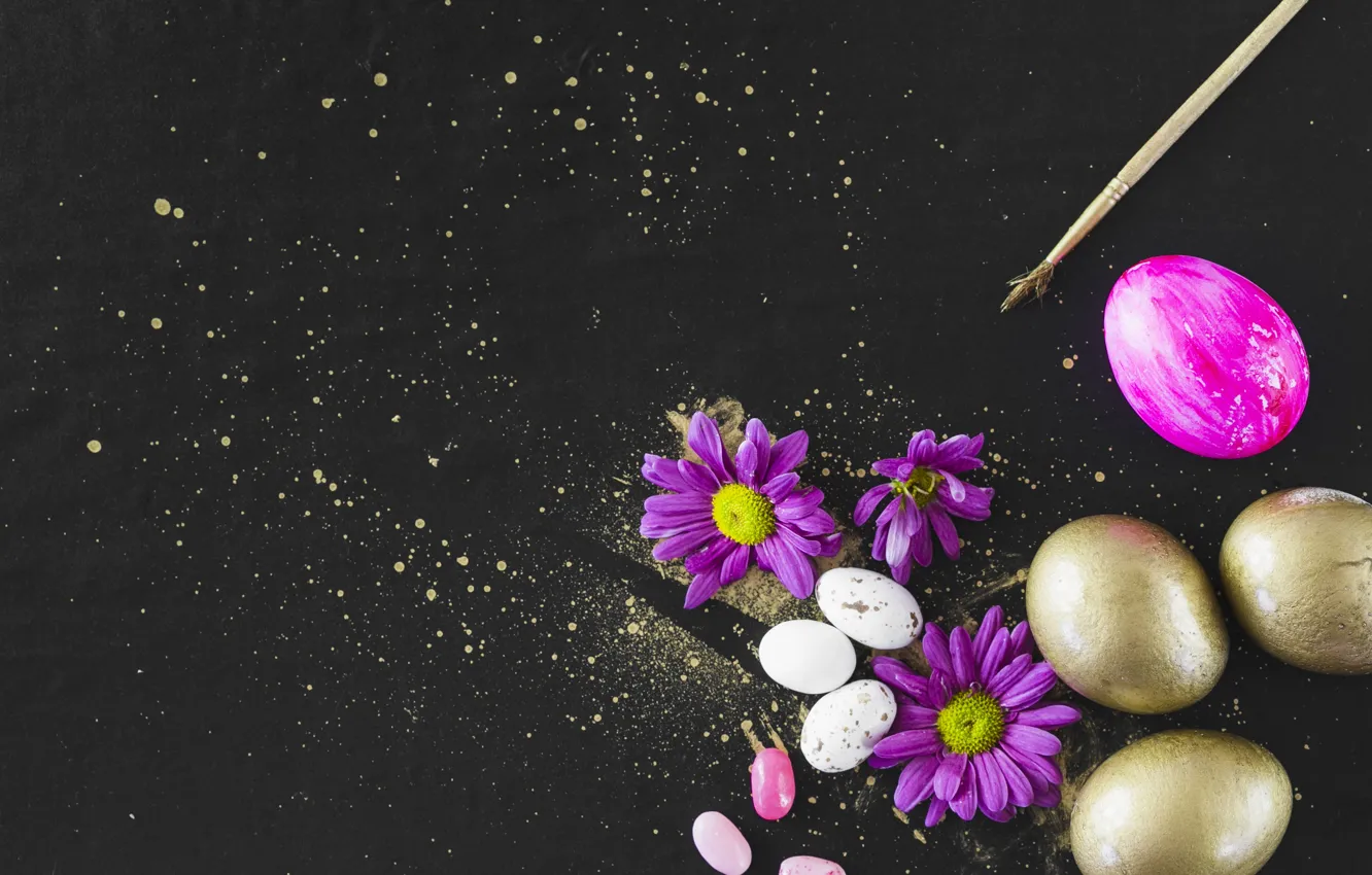 Фото обои цветы, праздник, яйца, Пасха, хризантемы