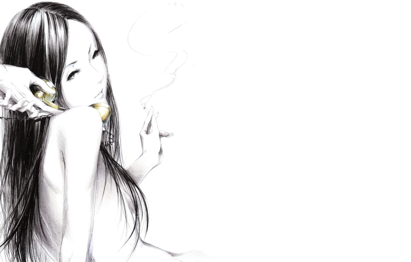 Фото обои девушка, дым, Рисунок, руки, сигарета, телефонная трубка, art, Sawasawa