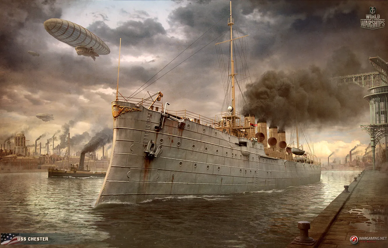 Фото обои корабль, стимпанк, крейсер, worldofwarships, Chester