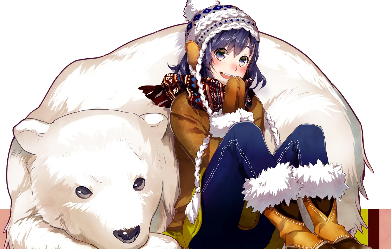 Фото обои девушка, шапка, аниме, медведь, арт, yunker