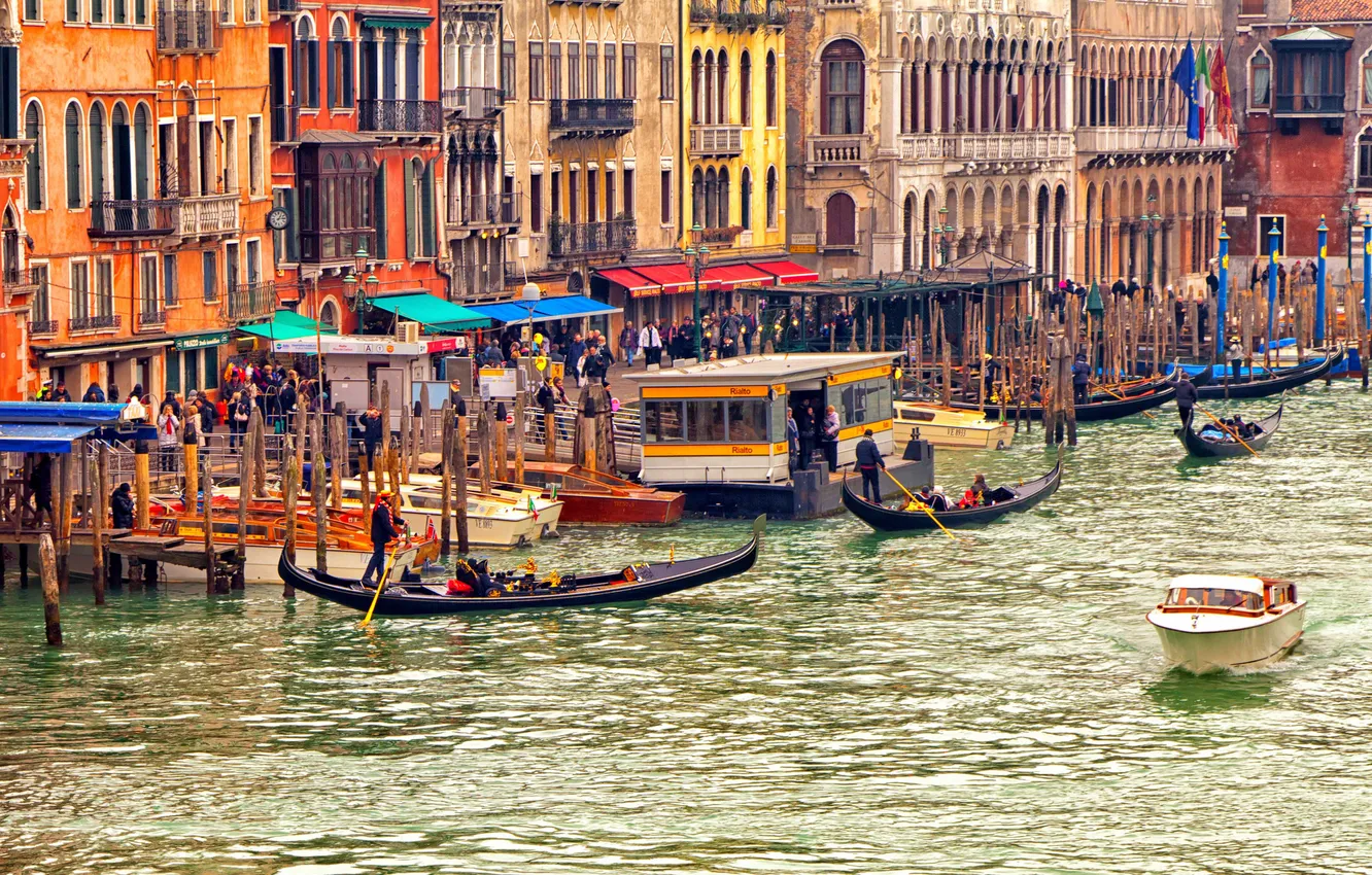 Фото обои лодки, Венеция, гандолы, туристы