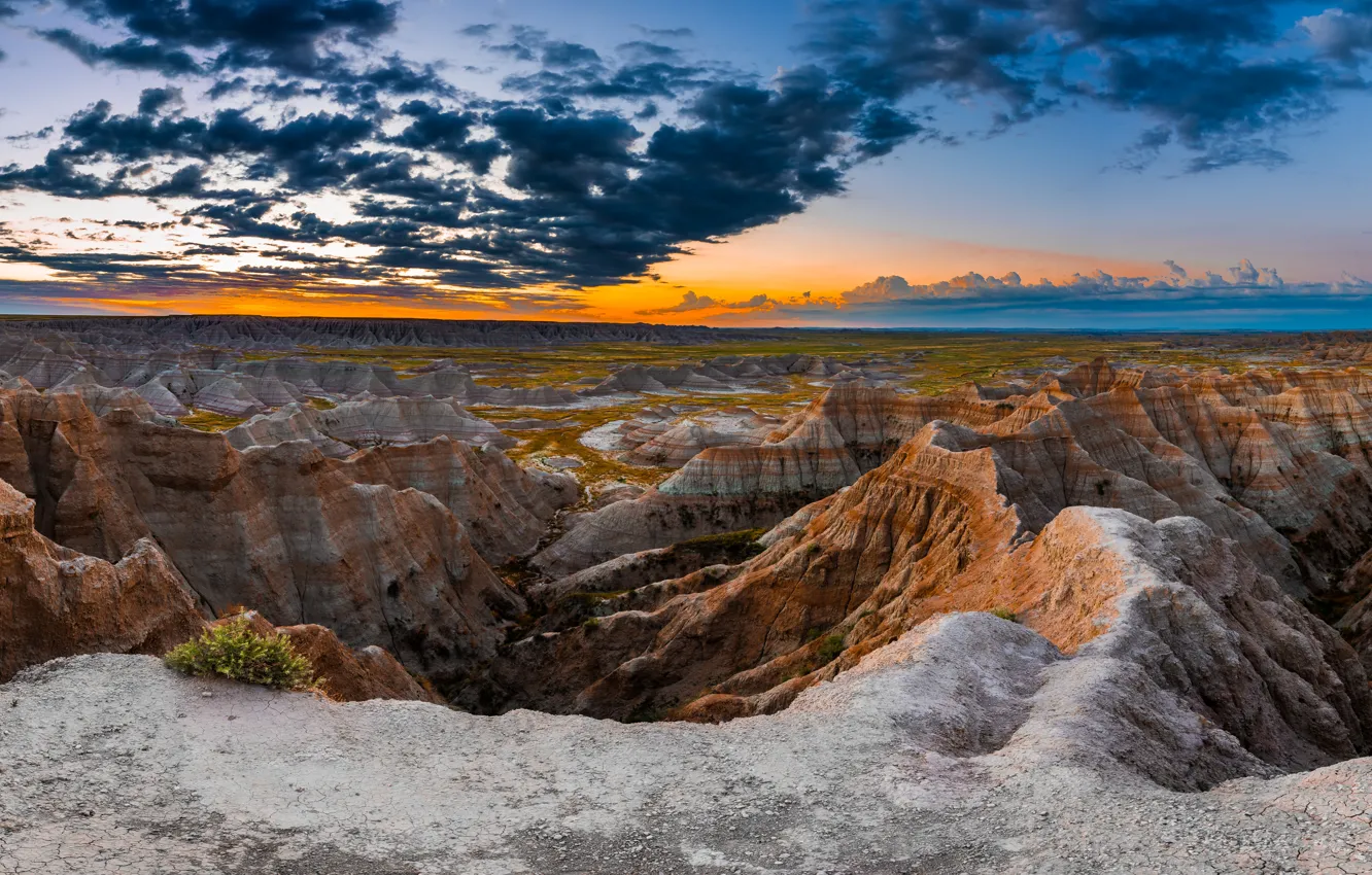 Фото обои восход, скалы, рассвет, панорама, Badlands National Park, South Dakota, Южная Дакота, Национальный парк Бэдлендс